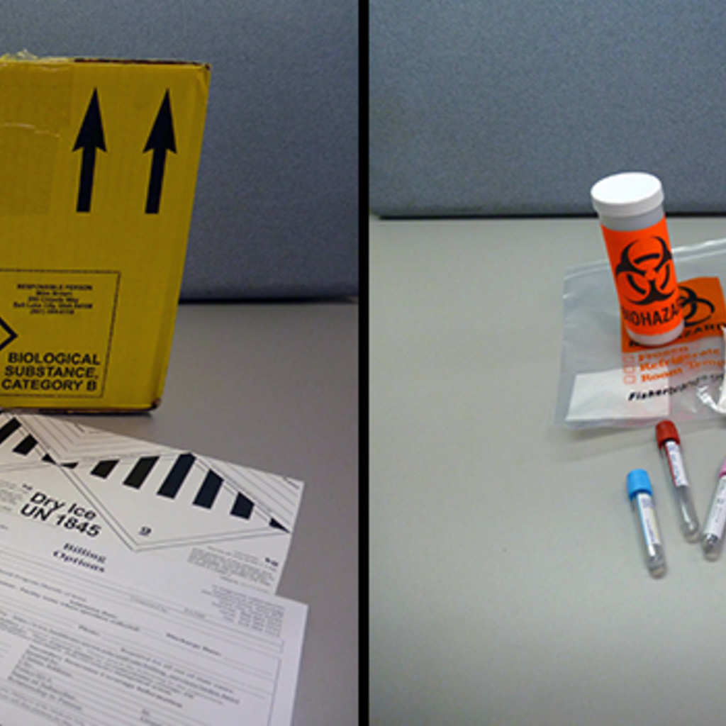 Various lab test packaging supplies, including boxes and envelopes