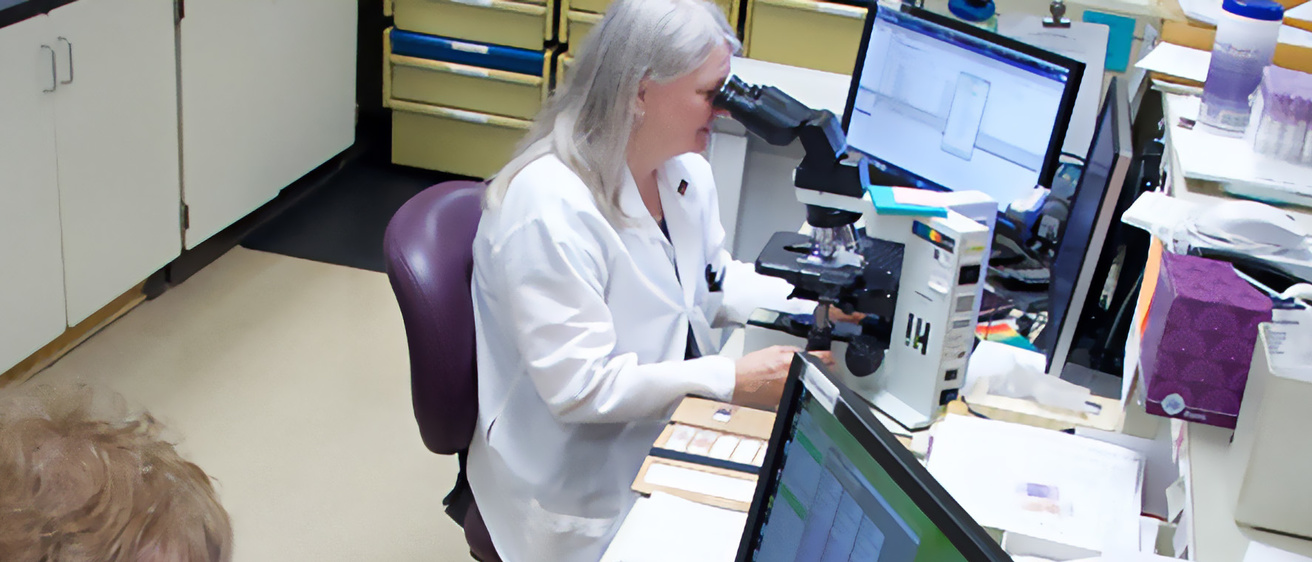 Pathologists working in a lab setting
